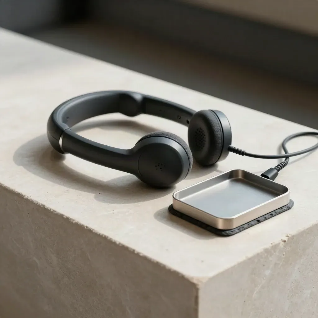 Headset cradle, handset, cable dock, and note tray on pale stone in soft studio light