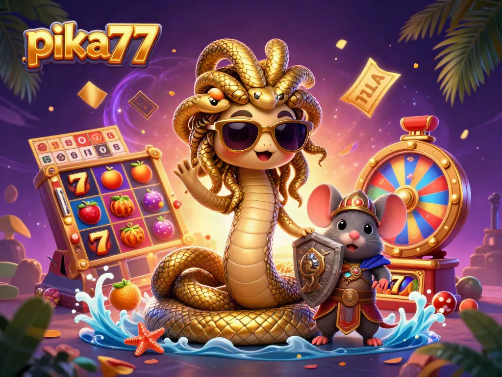 Engage with lively slot gaming on pika77 featuring Medusa and a warrior mouse amidst colorful casino symbols.