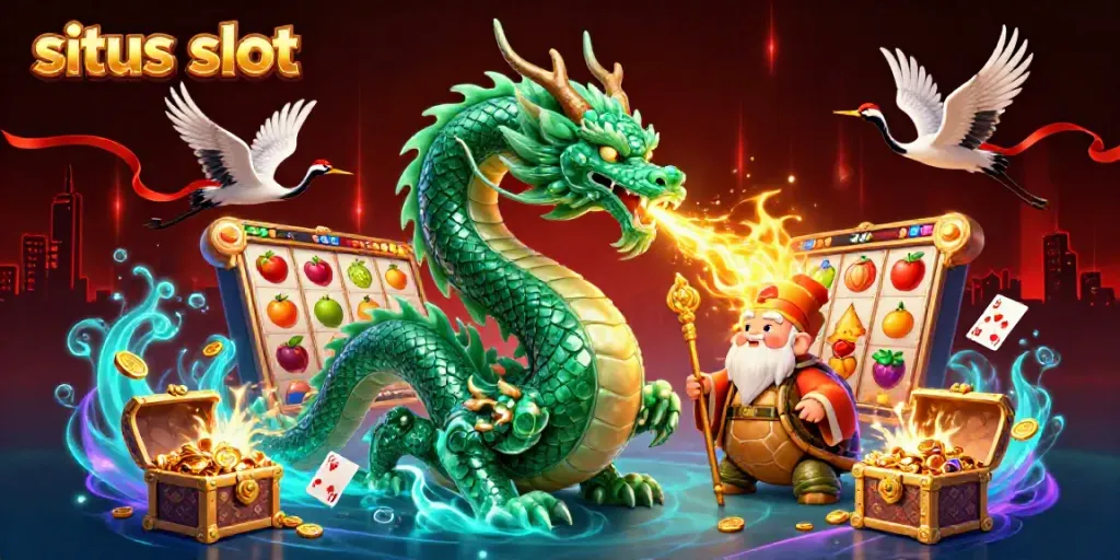 Experience the thrill of situs slot with vibrant dragons, turtles, and winning treasures in captivating 3D illustration.