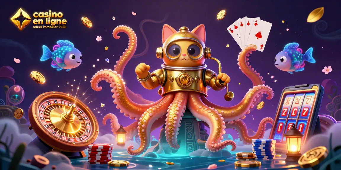Illustration captivante de casino en ligne retrait immédiat 2026 avec kraken, chat plongeur et poissons luminescents.