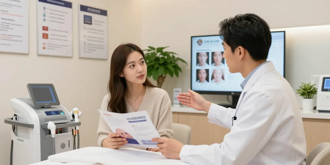 現代的なクリニックでVIO脱毛+クリニック治療について相談している若い女性