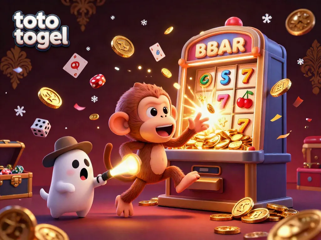 Engaging scene with "toto togel" branding as a poltergeist monkey juggles coins in a casino setting.