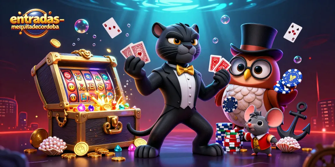 Taruhan seru di entradas-mezquitadecordoba dengan karakter kartun bermain kartu dan chip poker.