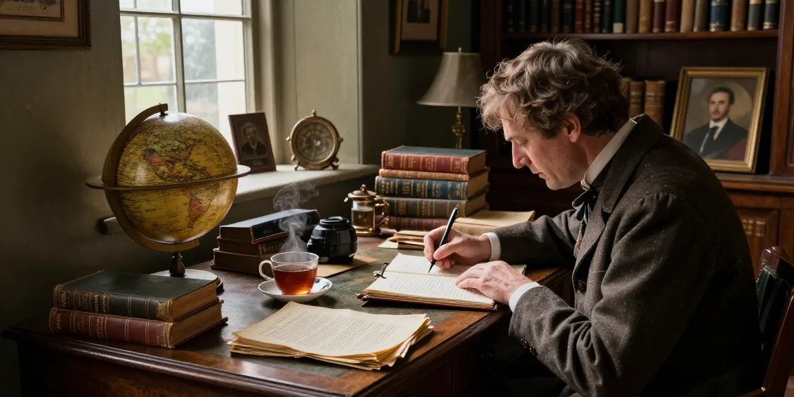 Engaging researcher at antique desk writing about Tynte's Castle, showcasing historical narrative exploration at https://tyntescastle.com