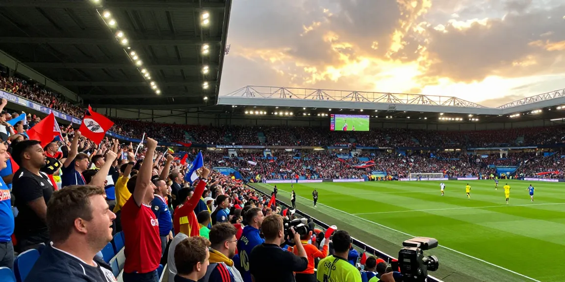 Interactive football match scene at https://footballstandings.tv/ showcasing fans, players, and live statistics in a vibrant stadium.