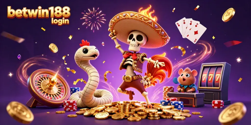 Visualisasi menarik betwin188 login dengan karakter kasino 3D berwarna cerah.