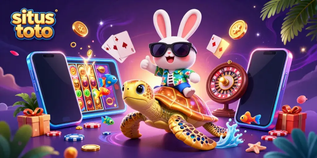 Experience situs toto thrills with lively characters and dynamic casino game elements in a vibrant scene.