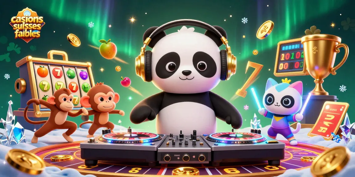 Profitez des casinos suisses fiables avec une illustration dynamique de panda DJ et de personnages dans une ambiance festive.