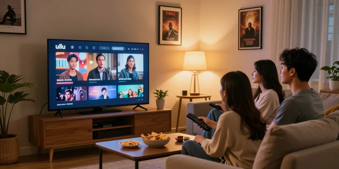 Enjoying an ullu web series during a cozy movie night in a warm living room setting.