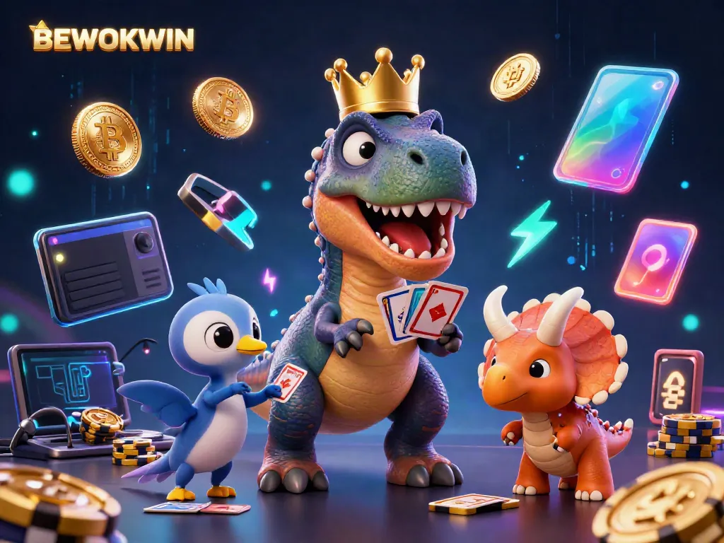 Mengganding BEWOKWIN pada ilustrasi animasi 3D di mana T-Rex ramah mencoba mengocok kartu, dibantu oleh pterodactyl, sementara triceratops bayi menumpuk chip emas.