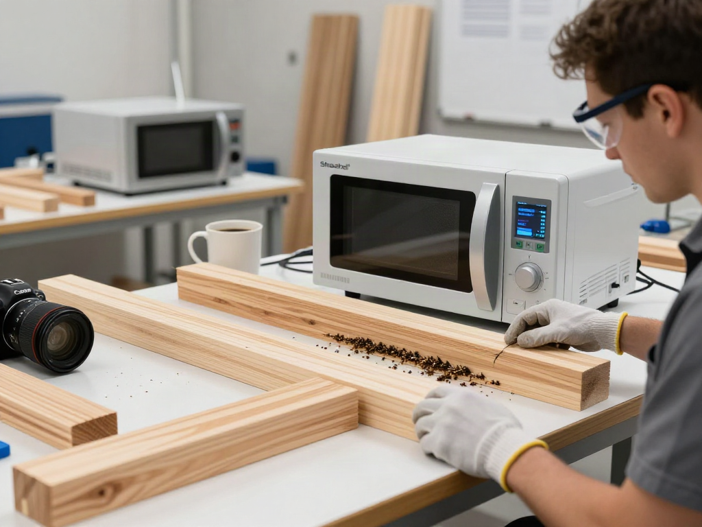 Efficient Shashel® microwave treatment for wood-boring insects in a modern workshop setting.