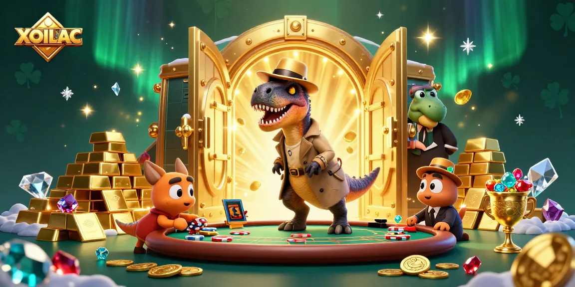 Experience exciting gameplay with XOILAC as a velociraptor card counter interacts with a stegosaurus pit boss.