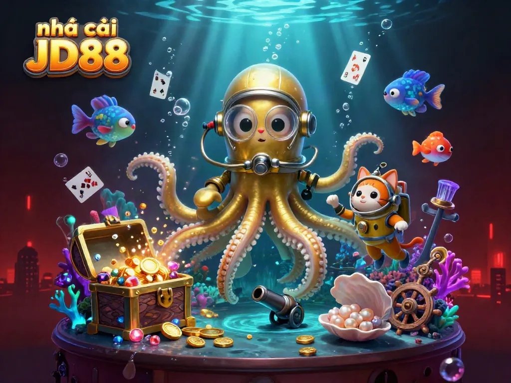Experience excitement at nhà cái JD88 with a dynamic underwater scene featuring a kraken and diving cat.