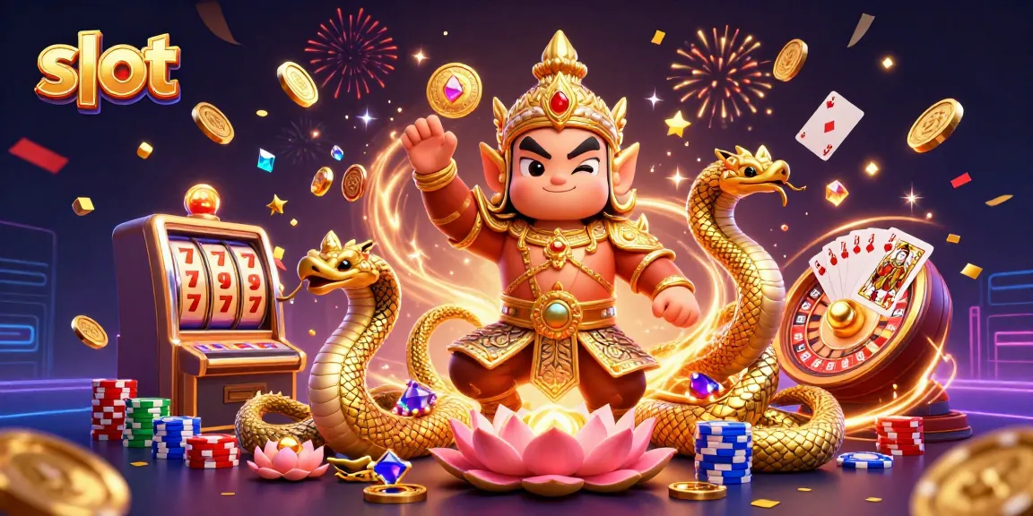 Slot online menarik dengan karakter penjaga dan naga, simbol kemenangan dan jackpot berkilau.