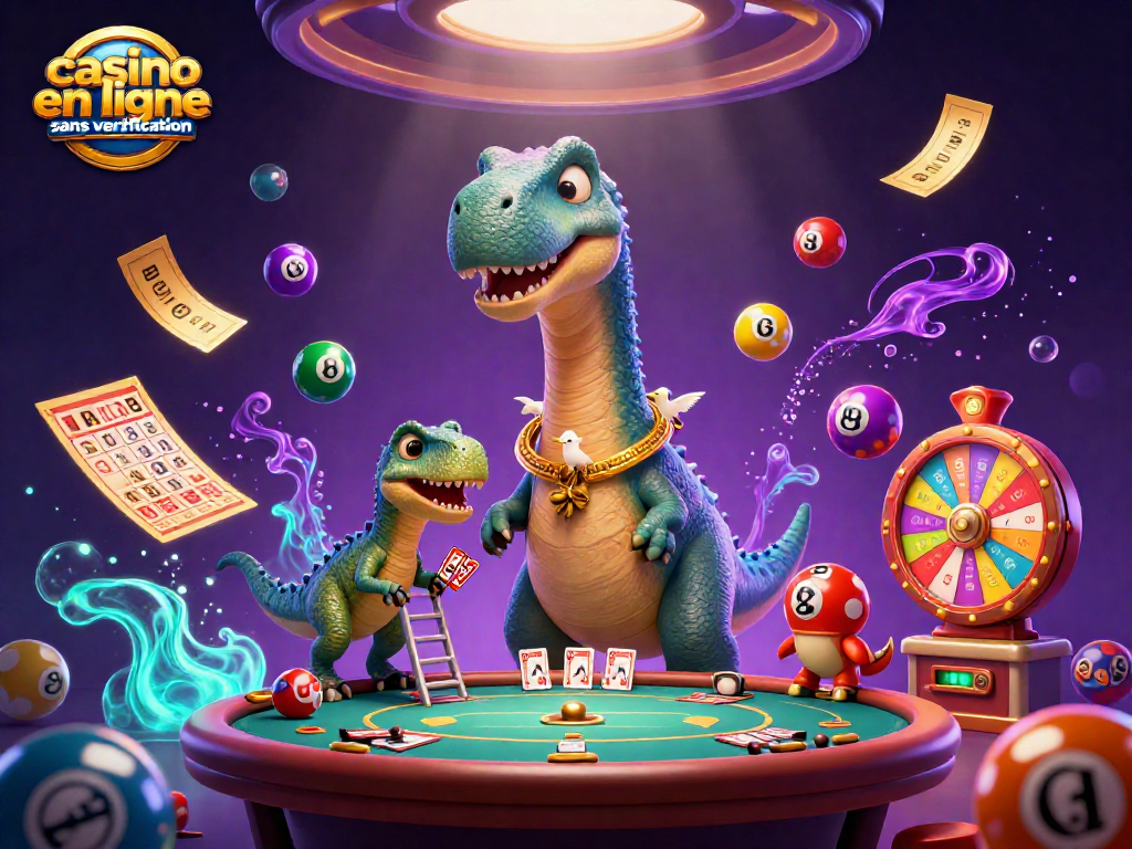 Gagnez en jouant sur un casino en ligne sans vérification, avec un brontosaurus géant et un raptor dealer dans une scène animée.