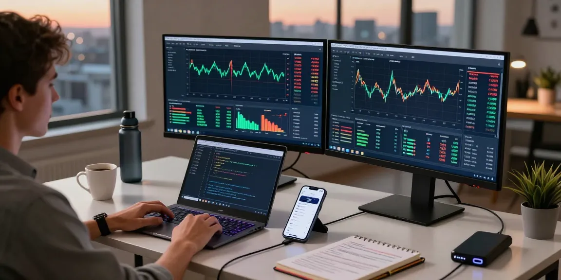 money6x.com make money online with crypto trading workspace, monitors displaying Bitcoin charts and DeFi platforms, modern home office setup.