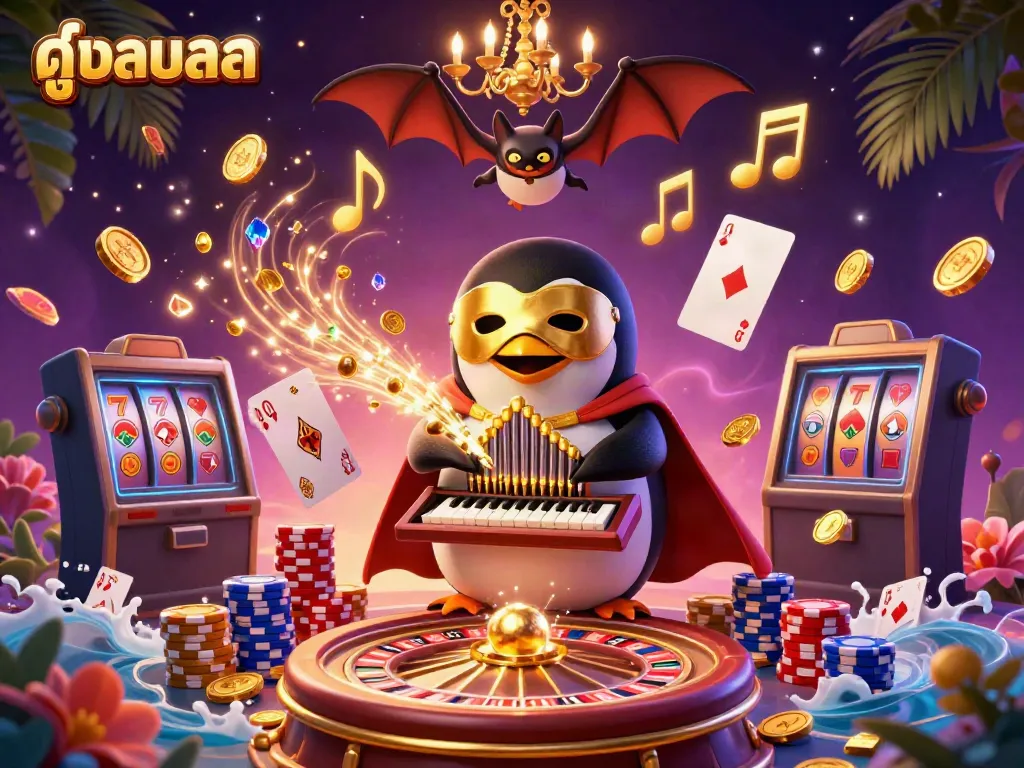 Experience high-quality streaming with ดูบอลสด as the cartoon penguin organist celebrates gains with golden treasures.