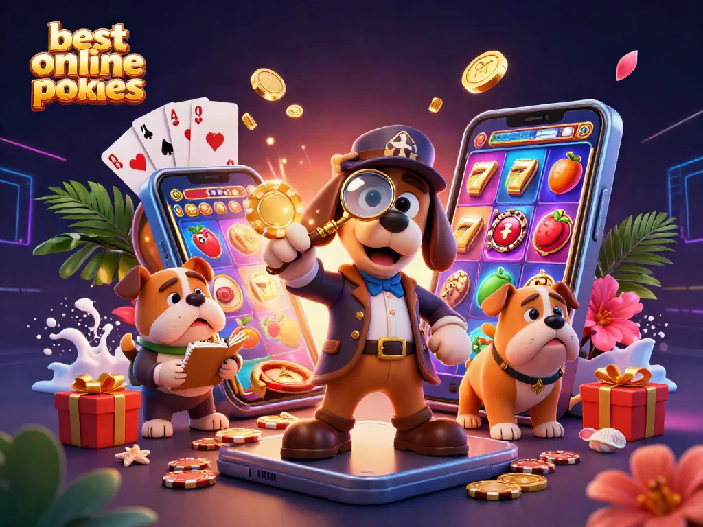 Experience the best online pokies in this vibrant 3D casino scene with characters and slot gameplay.