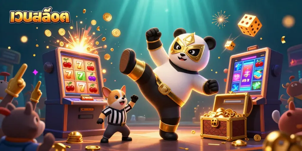 Experience thrilling เว็บสล็อต action with the dynamic panda wrestler and cheering crowd at a vibrant casino.