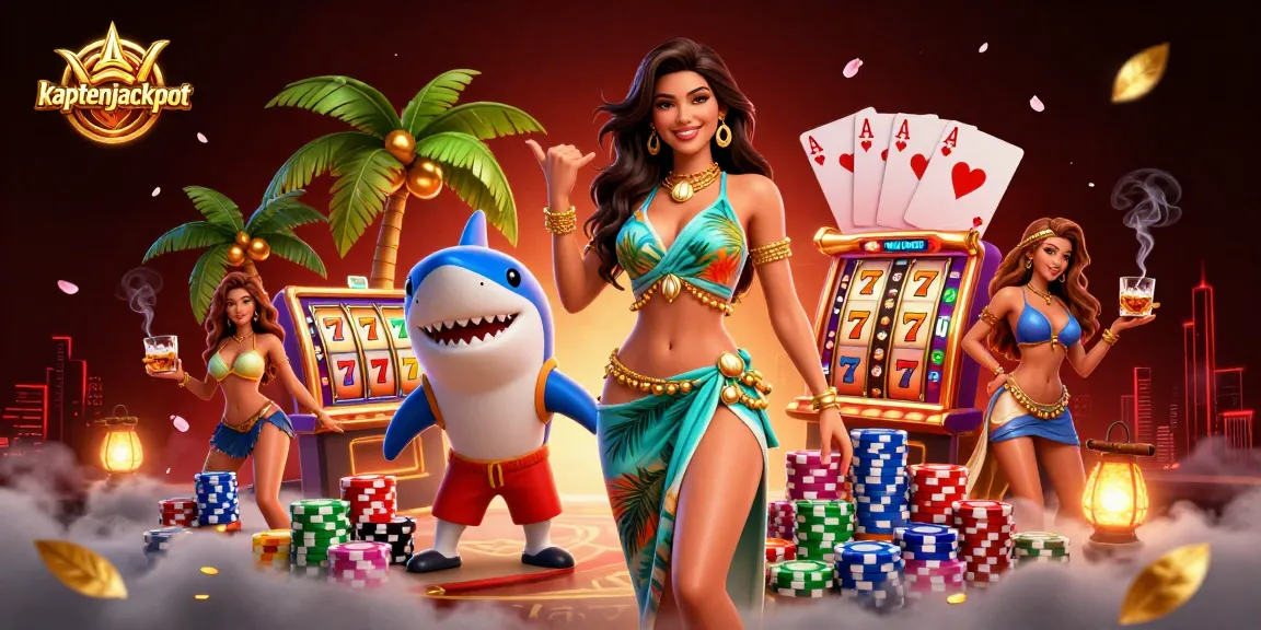 Join the excitement at kaptenjackpot with a dynamic casino scene showcasing vibrant slot machines and lively characters.