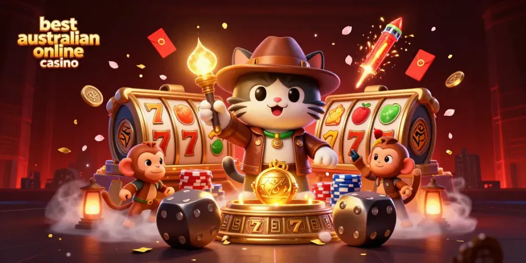 Engaging scene with the best australian online casino characters exploring a golden artifact among vibrant gaming elements.