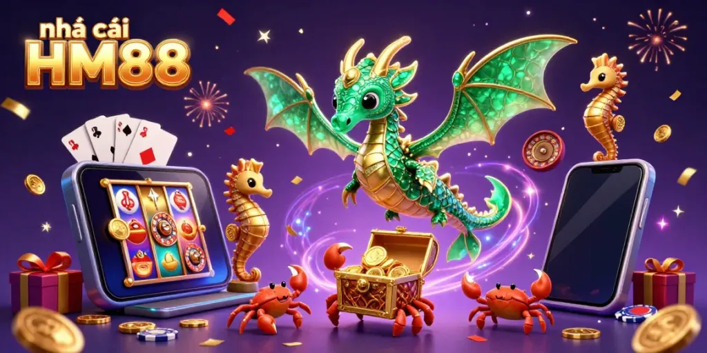 Engage with nhà cái HM88 as a vibrant illustration shows a sea dragon and a treasure chest amidst a colorful slot game theme.