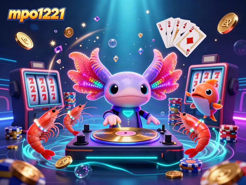 Experience the vibrant casino scene with mpo1221, featuring a lively axolotl DJ and dynamic gambling elements.