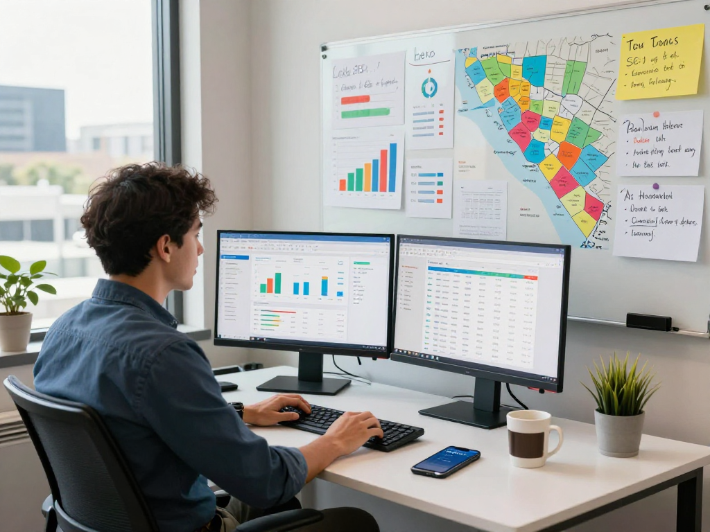 SEO expert analyzing local rankings and strategies for an Orange County SEO company in a modern office.