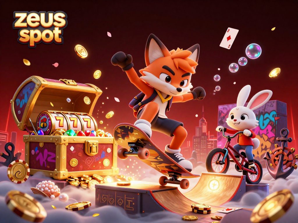 Experience zeus slot action with a dynamic illustration of a fox and rabbit in a casino setting