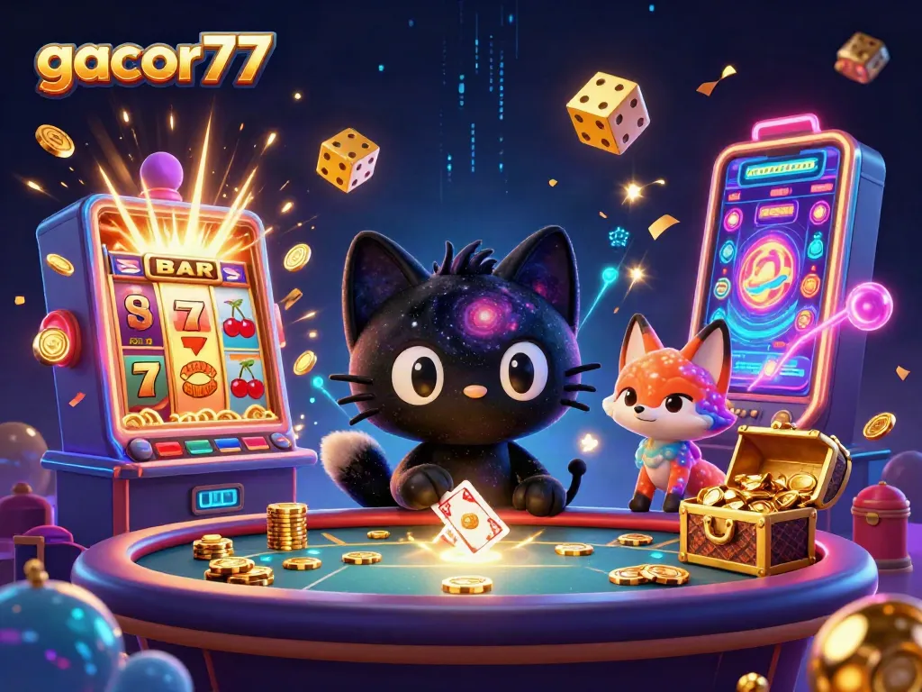 Gacor77 menarik perhatian pemain dengan kucing hitam berbintang di meja kasino yang megah.