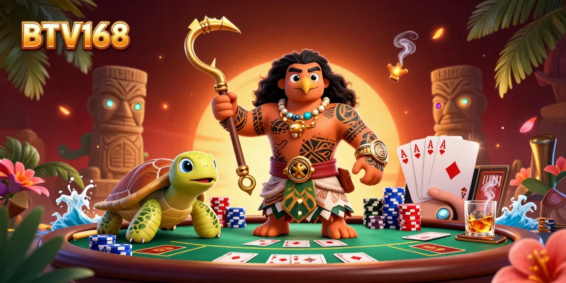 Join the fun at BTV168 with a vibrant poker showdown featuring tropical characters and casino elements.