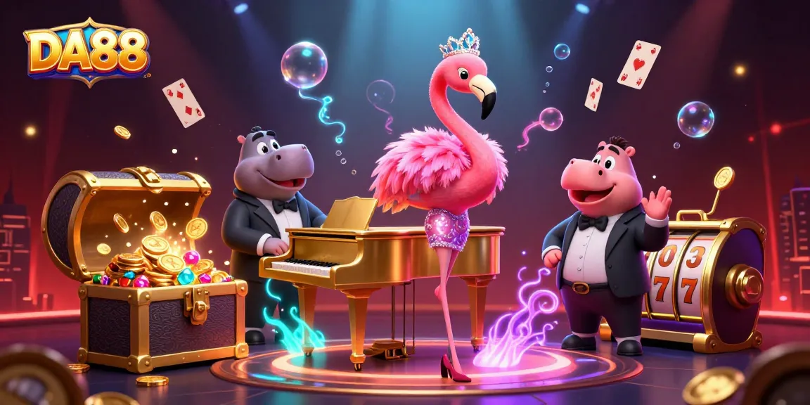 Experience the vibrant DA88 casino scene featuring lively characters and classic slot elements.