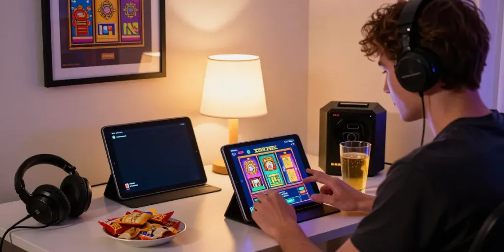 Engaging young adult player enjoying slot gacor on a tablet in a cozy home environment.