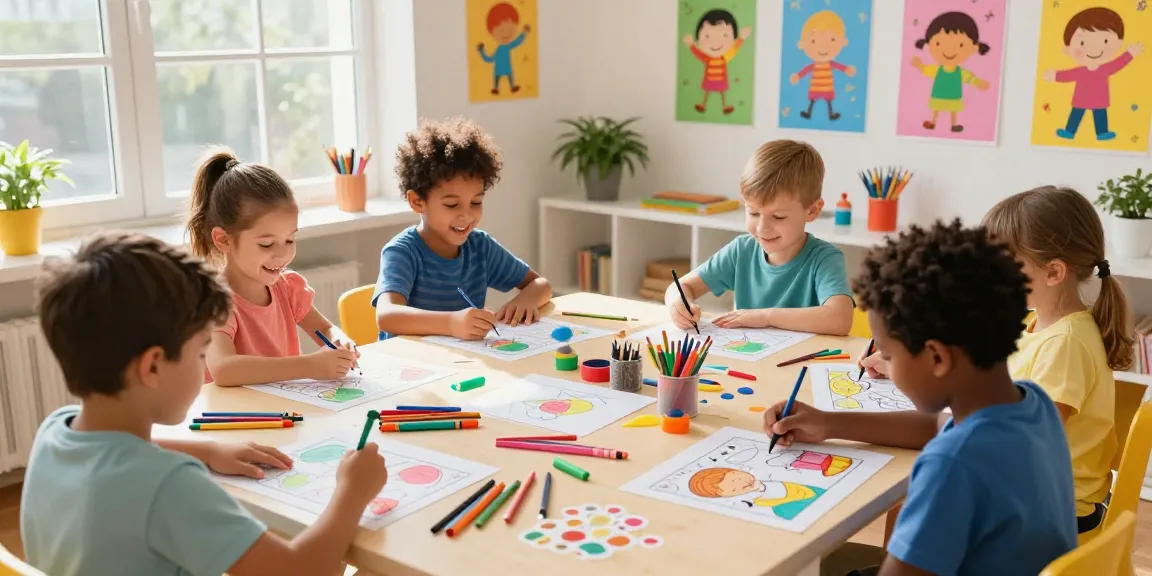 Kids enjoying fun coloring activities with pages for kids in a bright art studio.