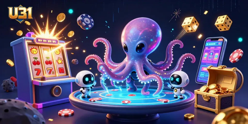 Engage in thrilling gameplay with U31, an alien octopus and robot at a holographic casino.