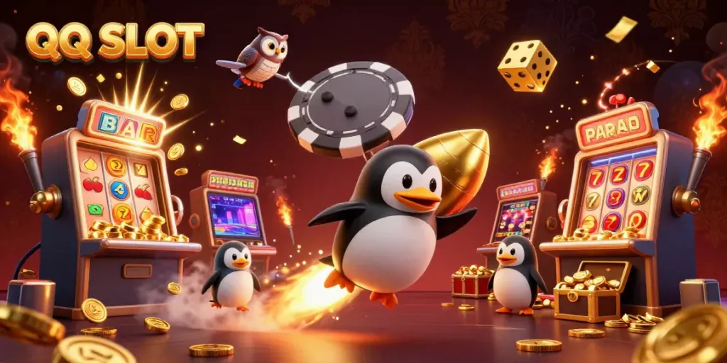 Experience the excitement of QQ SLOT with a dynamic cartoon scene of a golden penguin and casino elements.