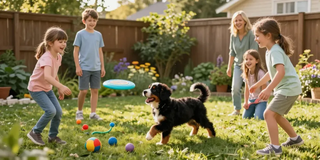 Family enjoying time with a Miniature Bernedoodle puppy in a sunny backyard, showcasing joy and companionship.