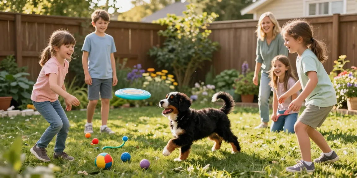 Family enjoying time with a Miniature Bernedoodle puppy in a sunny backyard, showcasing joy and companionship.