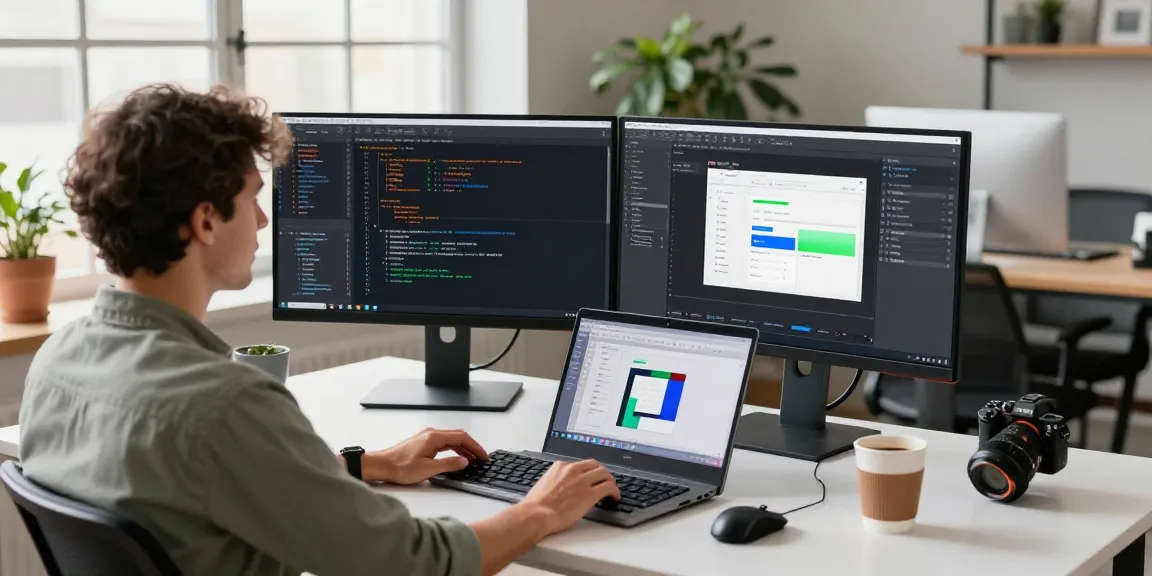 Dynamic workspace featuring telegraimin.com development setup with dual monitors and coding displays.