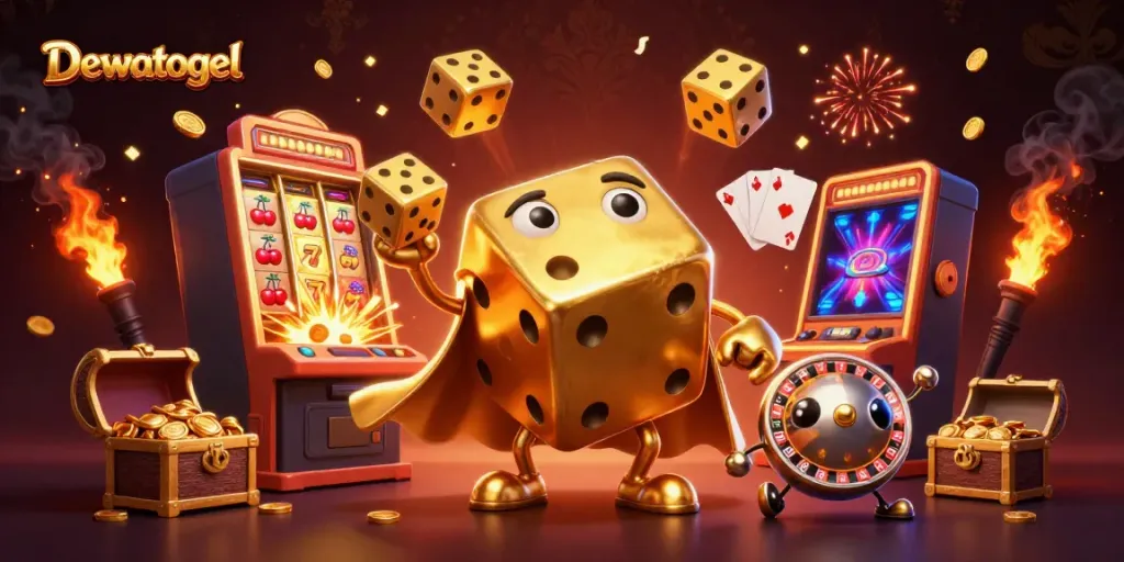 Experience the excitement of Dewatogel with golden dice and casino thrills in a vibrant 3D illustration.