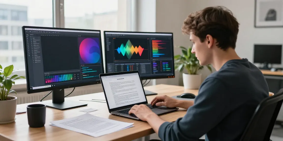 AI content generator in Russian showcased in a modern workspace with a writer analyzing results.