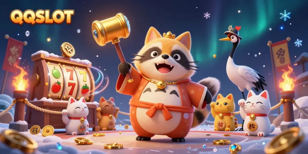 QQSLOT inspired 3D illustration featuring a cheerful tanuki and samurai crane in a vibrant casino scene.