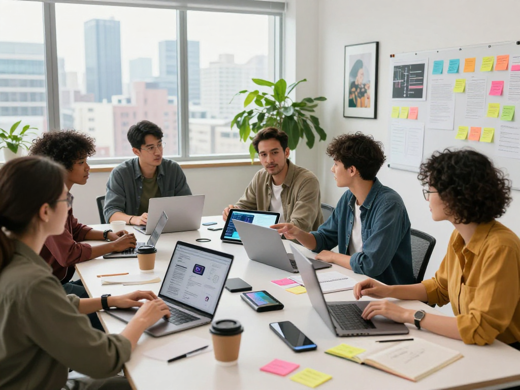 Diverse team brainstorming AI-driven projects with technology and creativity in a modern office, showcasing innovative collaboration and engagement.