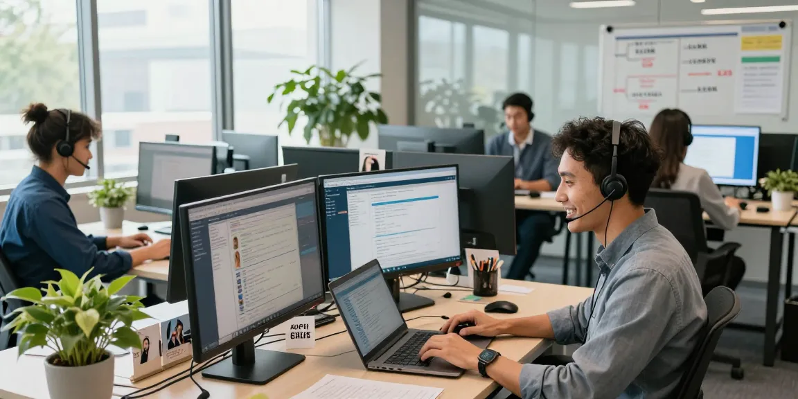 Telus-Technical-Support team engaging with customers in a bright office environment, showcasing diverse service representatives.