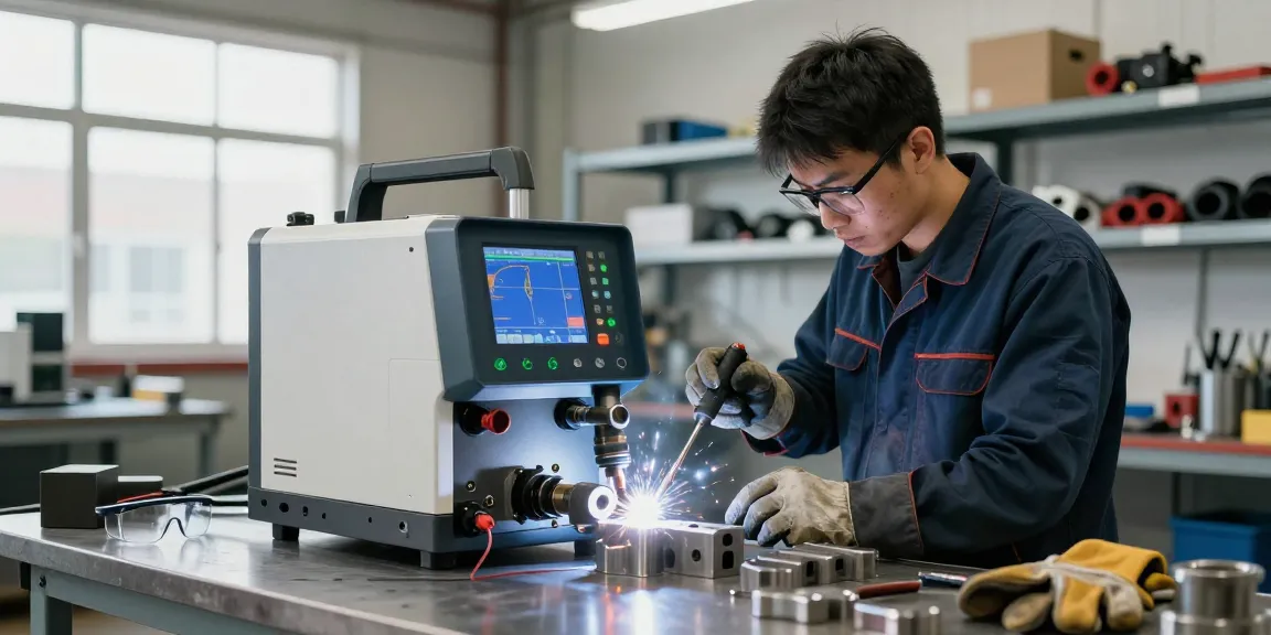 Technician operating an induction welder, showcasing precision and safety in an industrial workshop.