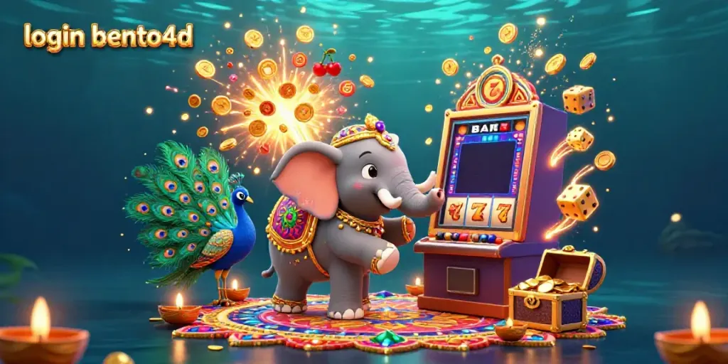 Play enjoyable games with login bento4d featuring a vibrant casino scene with an elephant and slot machine.