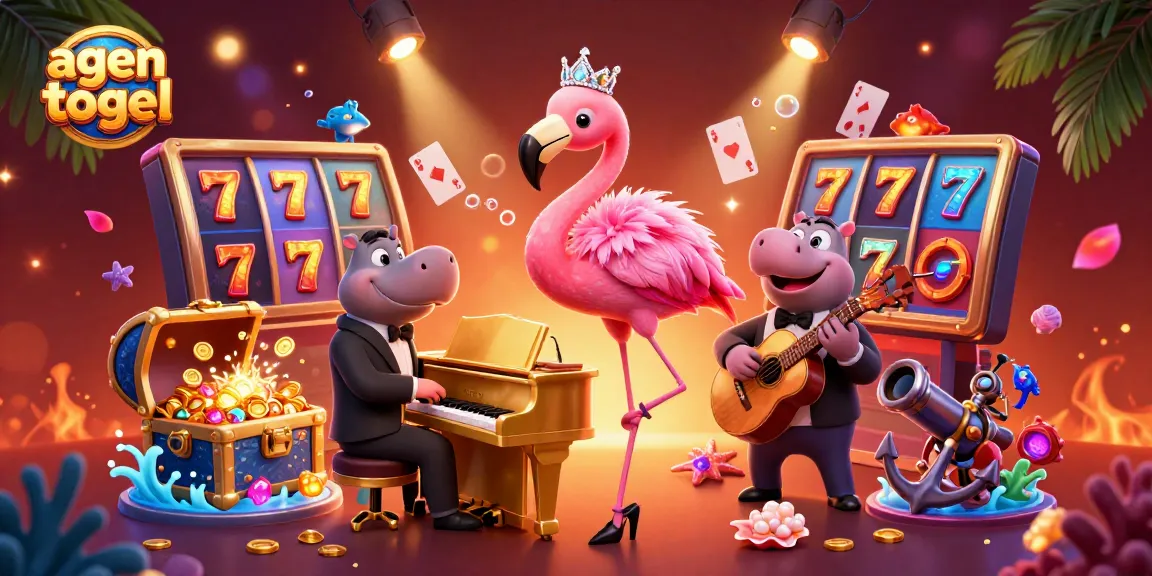 Experience thrilling agen togel action with golden slot reels and lively characters in an artistic casino scene.