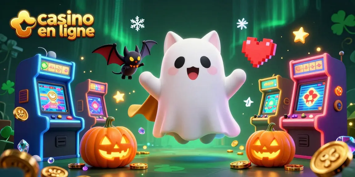 Découvrez le casino en ligne avec une illustration d'un chat fantôme et une chauve-souris dans un casino hanté.