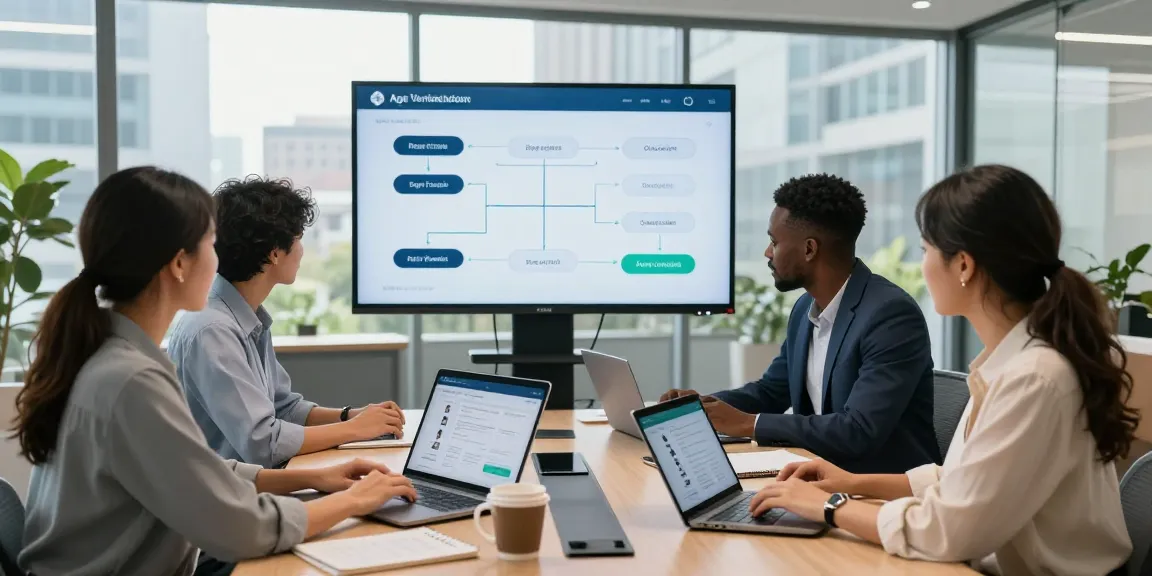 Collaboration on an age verification system in a modern office with diverse professionals using technology.