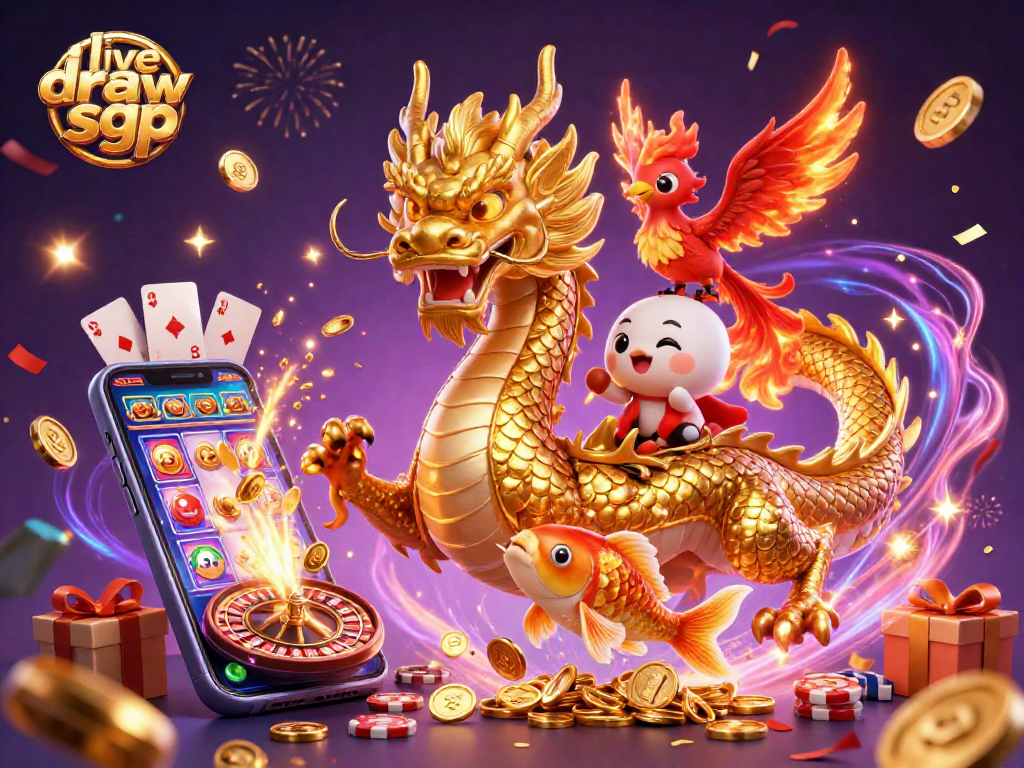 Menampilkan live draw sgp dengan naga emas megah dan ikan koi beruntung yang melompat di atas tumpukan koin.